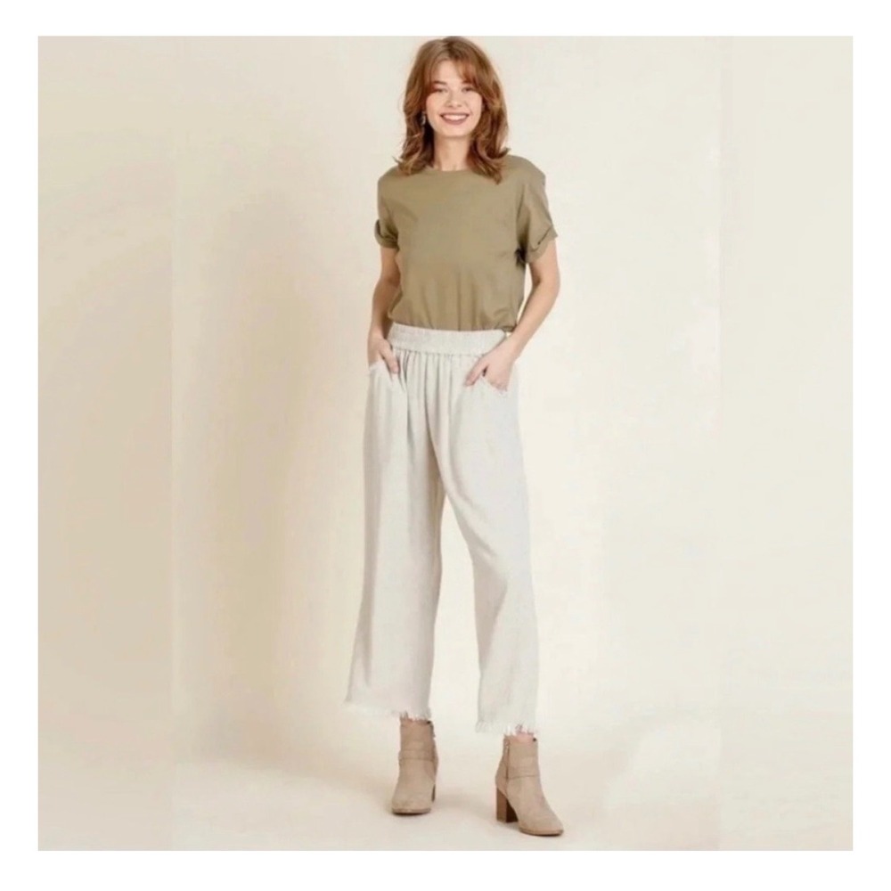 Umgee Linen Blend Wide Leg Pants Raw Hem Women's Size XL in Oatmeal Boutique